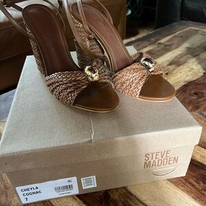 Steve Madden Cognac Woven Wedges with Gold Accents